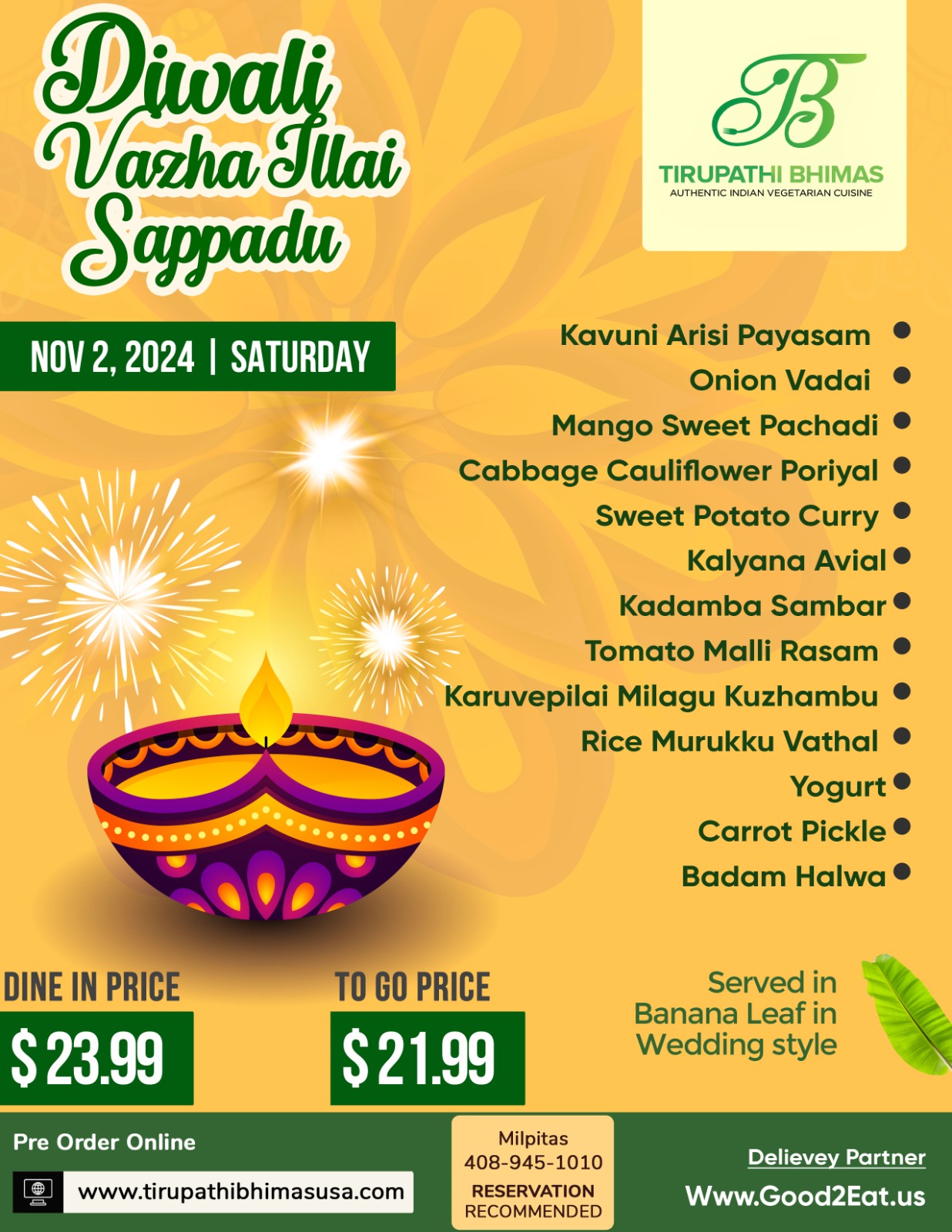 Bhimas Deepavali Special Thali - Pick up Sat Nov 02